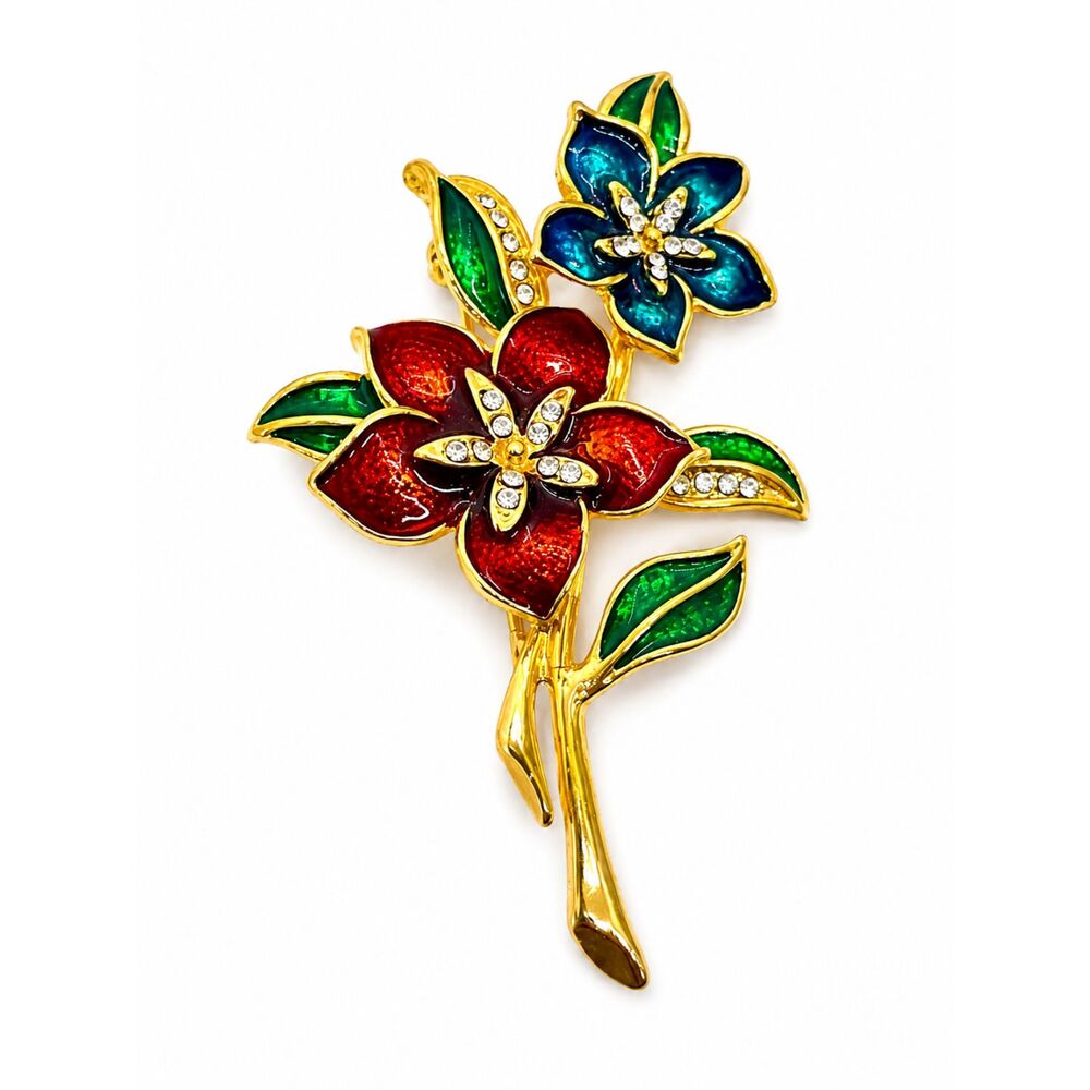 VINTAGE C'EST BIEN BROOCH Red Green Enamel Floral Rhinestone Gold Tone Pin